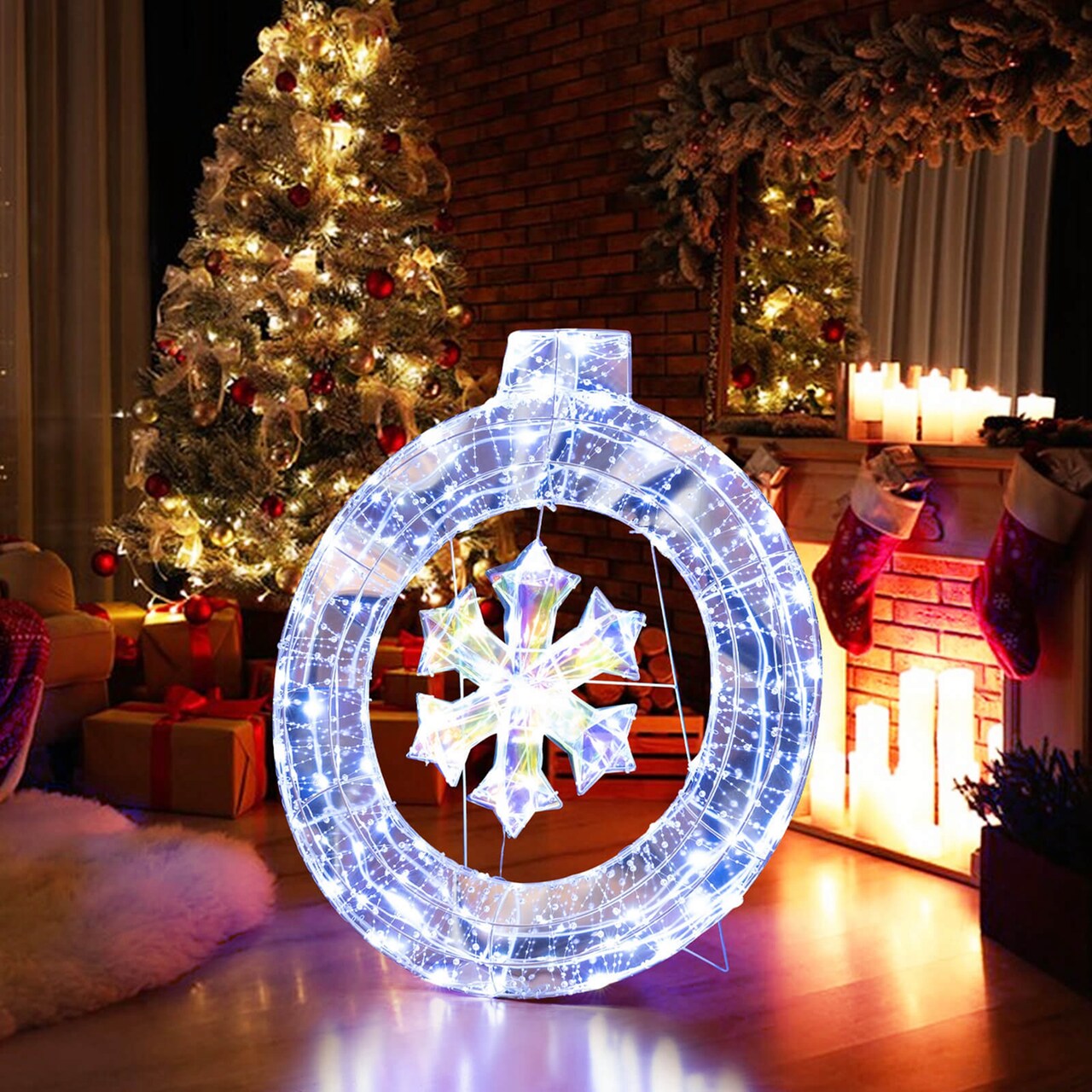 Costway 33" Lighted Ornament Pre-Lit Christmas Wreath with 128 Cold White LED Lights